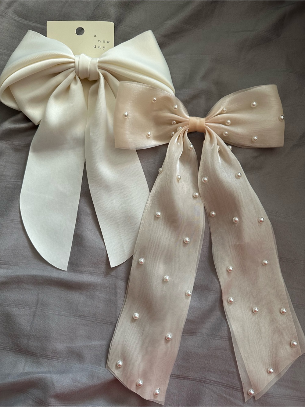 a new day Ivory and Blush Pearl Ribbon Bow Hair Clip Duo